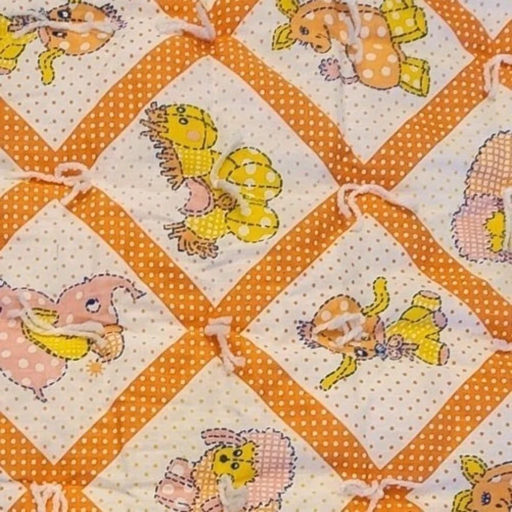 Vtg 70s Handmade Tied Baby Crib Quilt Animals & Polka Dots Orange Mod Nursery